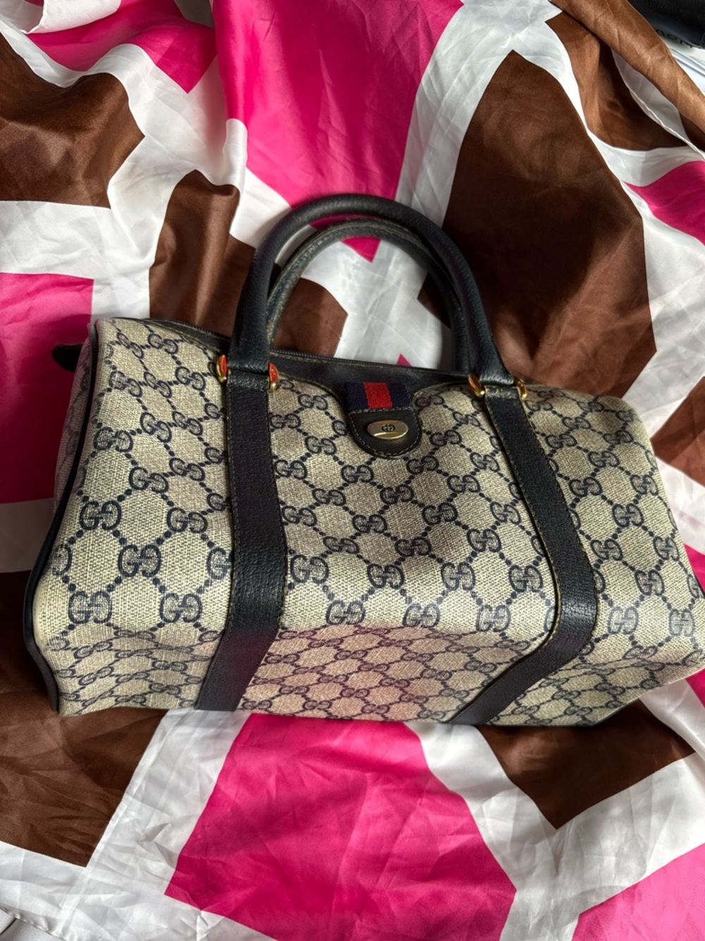 Gucci Beige GG Supreme Boston Bag with Black Trim and Red Web Accent
